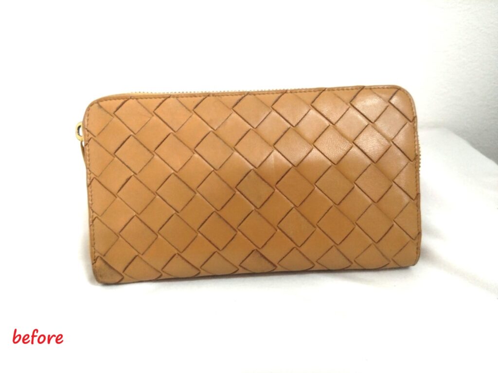 財布修理　ボッテガ・ヴェネタ　イントレチャート ラウンドファスナー  長財布　スライダー   染め直し修理