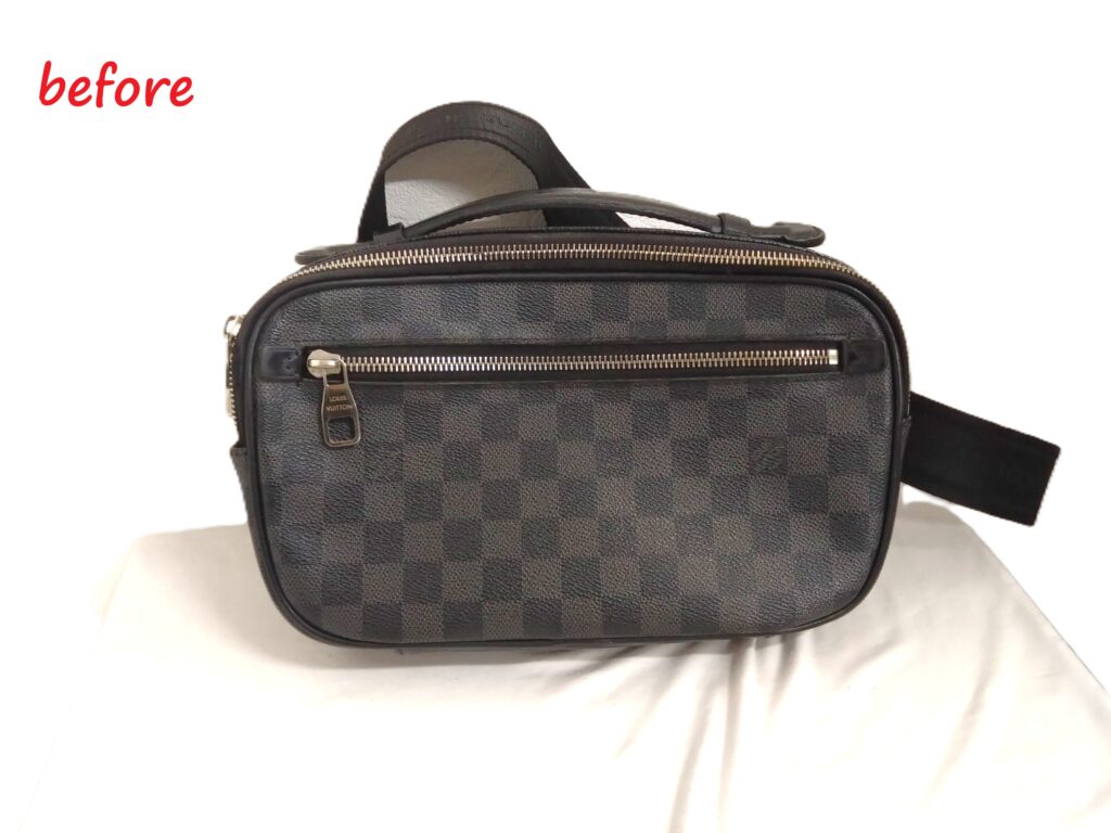 バッグ修理　Louis Vuitton　ダミエ  グラフィット  アンブレール　ショルダーバッグ　ショルダー根元の革 交換修理