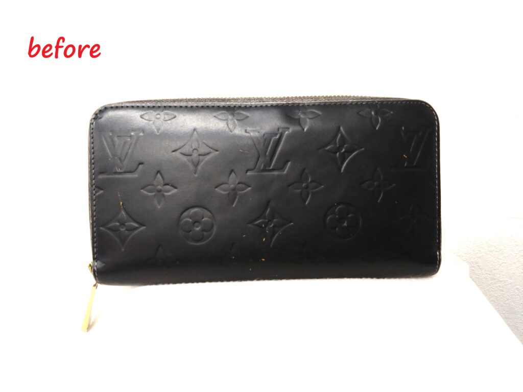 財布修理　Louis Vuitton　モノグラム   ヴェルニ   ジッピーウォレット　染め直し  エナメル 施工修理