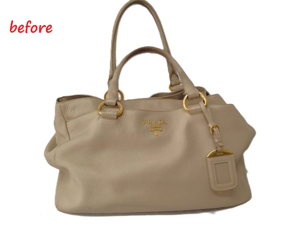 バッグ修理　PRADA　ヴィッテロダイノ レザー　ハンドバッグ　染め直し   コバ再生 施工修理