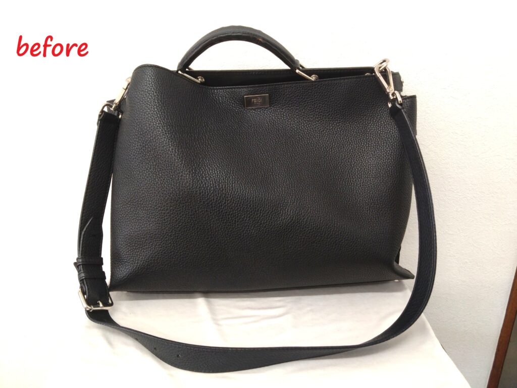 バッグ修理　フェンディ　ピーカブー　アイコニックエッセンシャル　ビジネスバッグ　クリーニング   スレ傷部分補修　コバ再生 施工修理