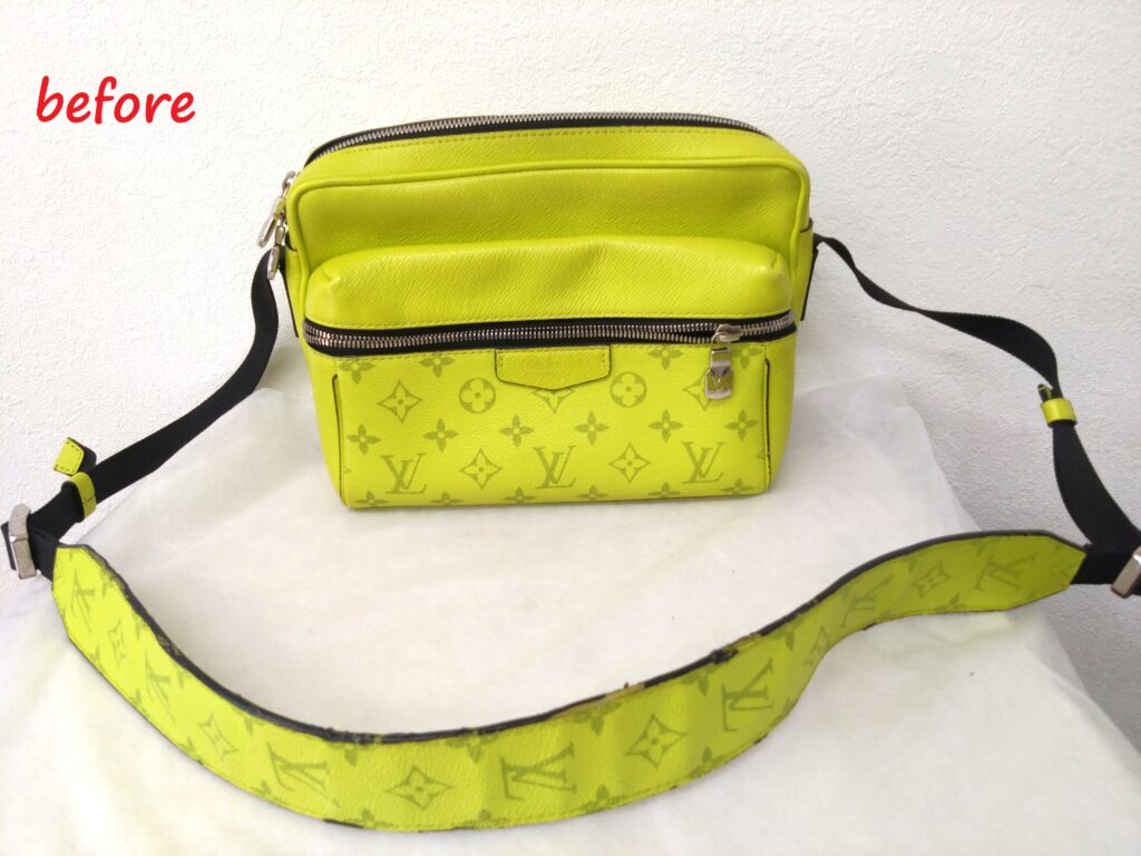 バッグ修理　Louis Vuitton　タイガラマ   アウトドア・メッセンジャー  PM    ショルダーバッグ　コバ再生 施工修理