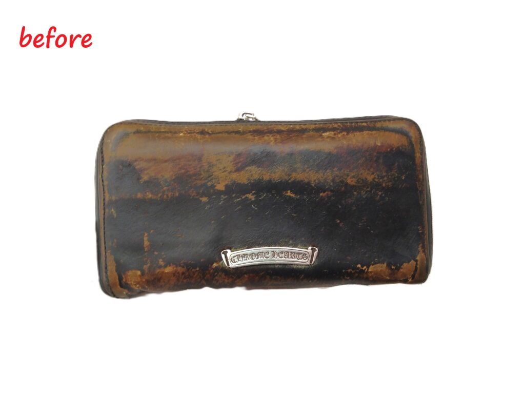 財布修理　クロムハーツ　REC F ZIP ゼロピラミッドスタッズウォレット　スライダー交換　ひび割れ補修　染め直し修理