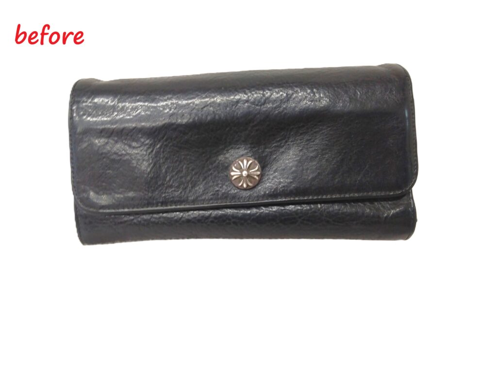 財布修理　クロムハーツ　ジュディ   クロスボタン レザーウォレット　染め直し修理