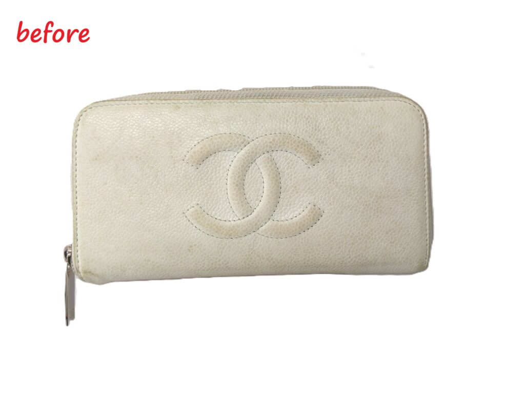 財布修理　CHANEL　コマーク   ラウンドファスナー   長財布　色褪せ補修　染め直し修理