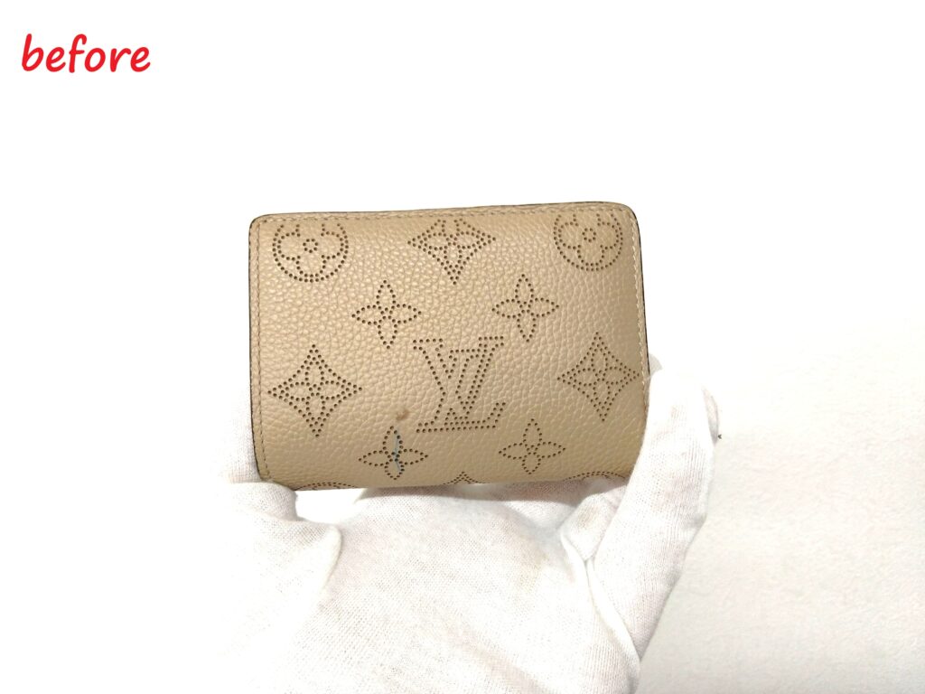 財布修理　Louis Vuitton　ポルトフォイユ・クレア マヒナ　二つ折り財布　色鉛筆の跡除去　部分補修 施工修理