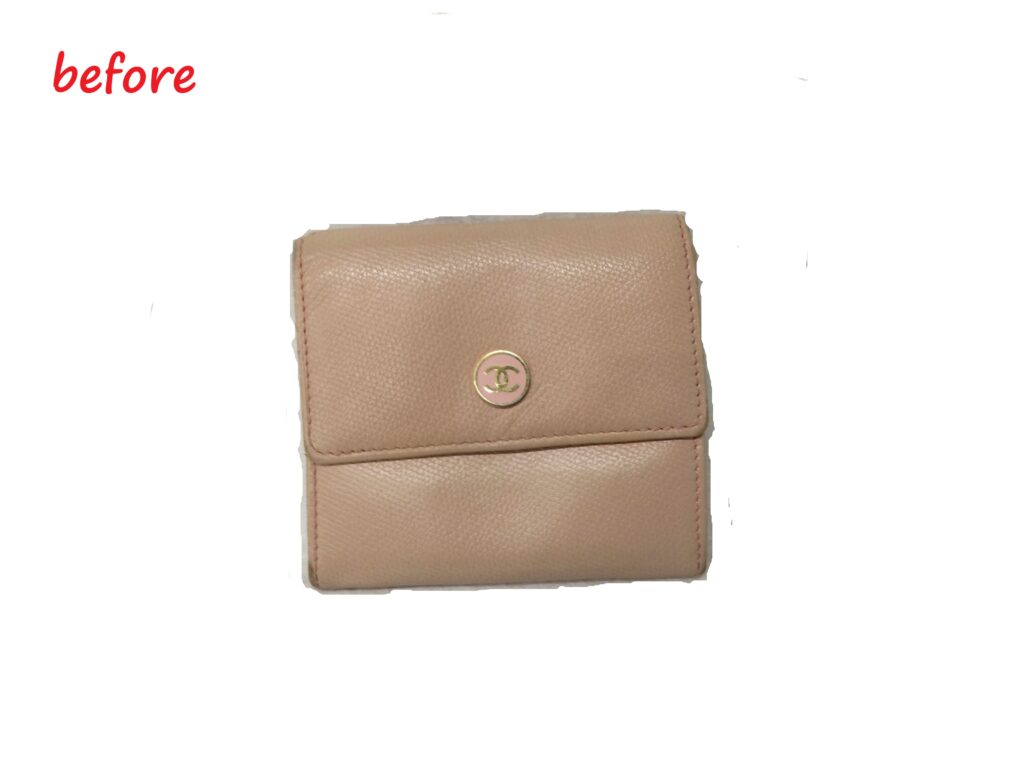 財布修理　CHANEL　ココボタン　三つ折り財布　色褪せ補修  染め直し修理