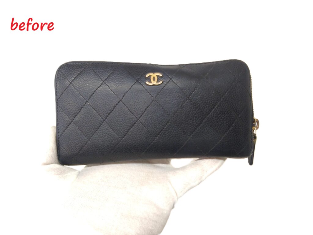 財布修理　CHANEL　キャビアスキン　マトラッセ   ラウンドファスナー  長財布　スライダー交換　色褪せ補修　染め直し修理