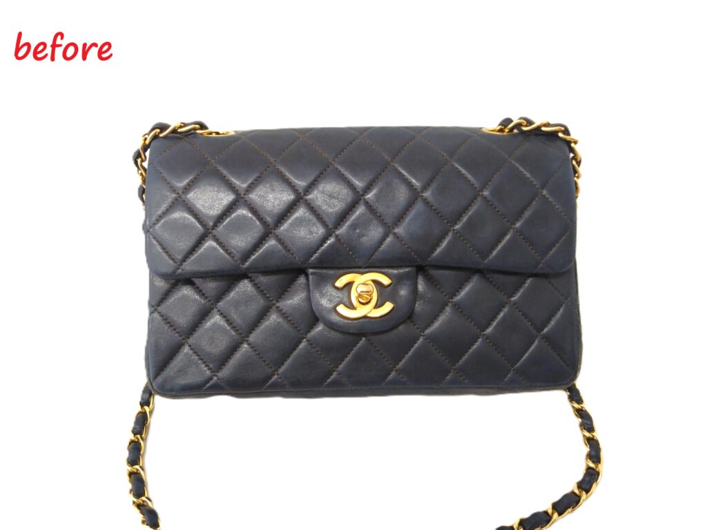 バッグ修理　CHANEL　マトラッセ　Wフラップ  チェーンショルダーバッグ　スレ傷補修  色褪せ  染め直し修理