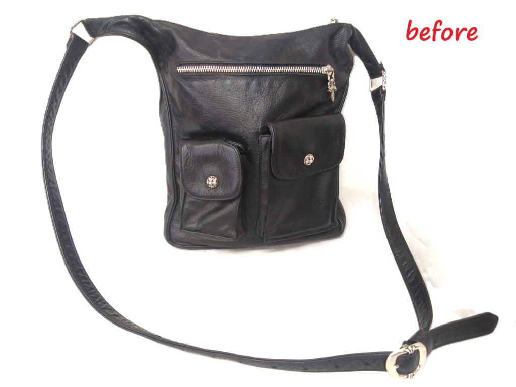 バッグ修理　クロムハーツ　Fスリンガー    ショルダーバッグ　革捲れ補修　染め直し修理