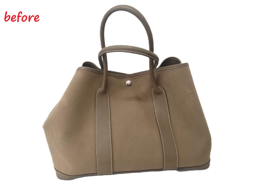 バッグ修理　Hermès（エルメス）　ガーデンパーティ  PM　トートバッグ　スレ傷補修    染め直し修理