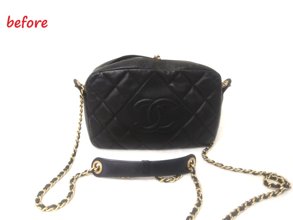 バッグ修理　CHANEL　マトラッセ　チェーン  ショルダーバッグ　ファスナー  ナイロン生地取り外し　スレ傷補修　染め直し修理