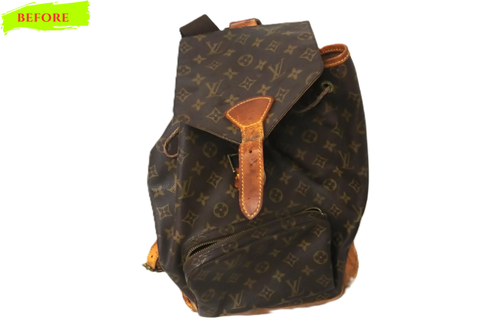 バッグ修理　Louis Vuitton　モンスリ・モノグラム  リュックサック　革紐交換     リュック底 革交換 施工修理