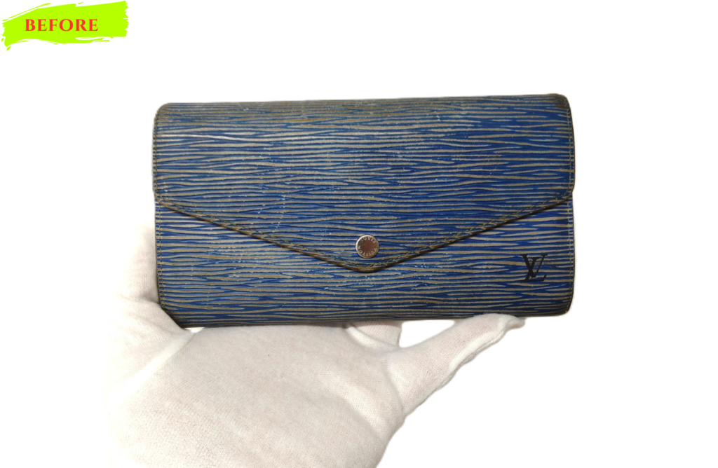 財布修理　Louis Vuitton　エピ・デニム   ポルトフォイユ・サラ　長財布　スレ傷補修　カラーチェンジ　コバ再生 施工修理
