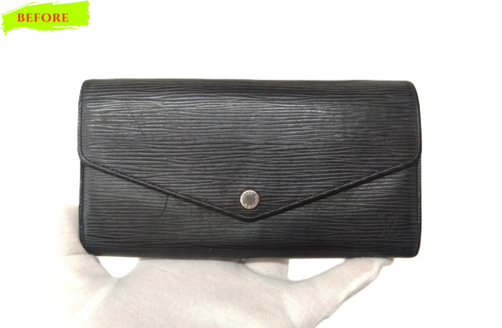 財布修理　Louis Vuitton　ポルトフォイユ・サラのスレ傷補修・染め直し・コバ再生施工修理