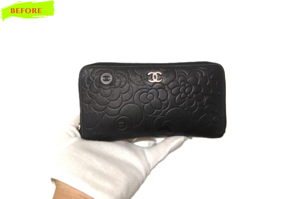 財布修理　CHANEL　カメリア  エンボス  ココマーク  長財布のスレ傷補修・染め直し修理
